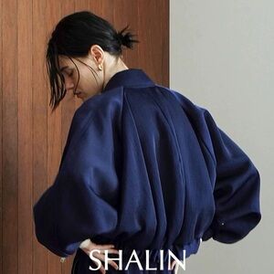 New! SHALIN Navy Blue Bomber Jacket, Size S